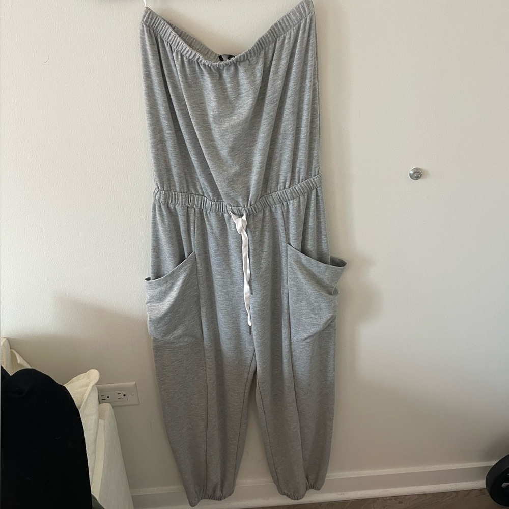 Lulu's Light Gray Strapless Jumpsuit with Pockets